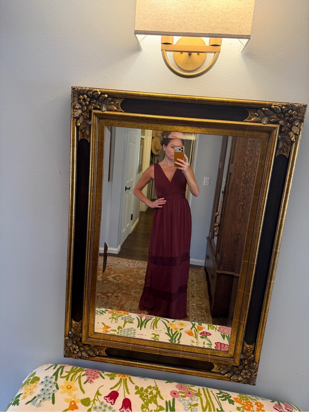 David's Bridal Burgundy V-Neck Lace Inset Maxi Dress